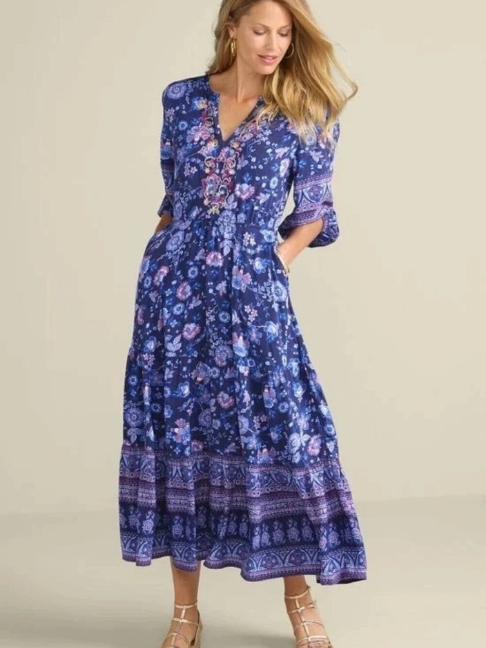 Soft Surroundings Jordana Dress Large NWT Blue Floral Boho Embroidered Festival
